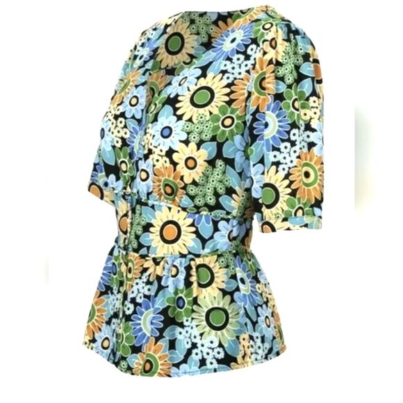 CAbi Happy Top 5900 Blouse Retro Short Sleeve Floral Button Peplum Green‎ Blue M - Picture 4 of 16